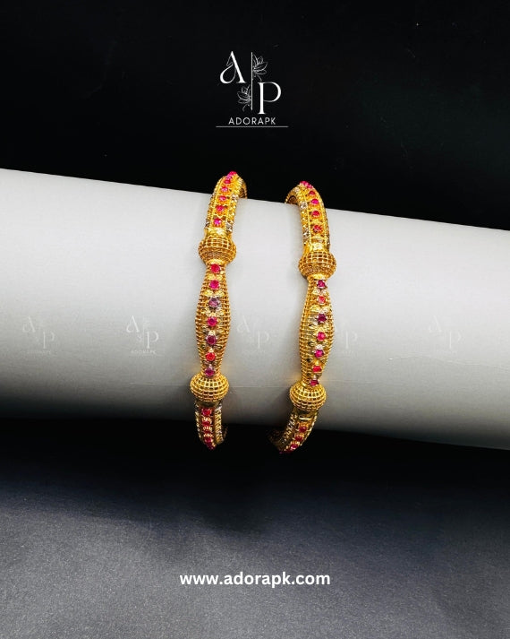 Elegance Gold-Plated Bangles with Red Stone Accents